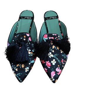 Anthropologie LAB Size 38 8 Black Floral Tasseled Pointed Toe Slides Flats Mules
